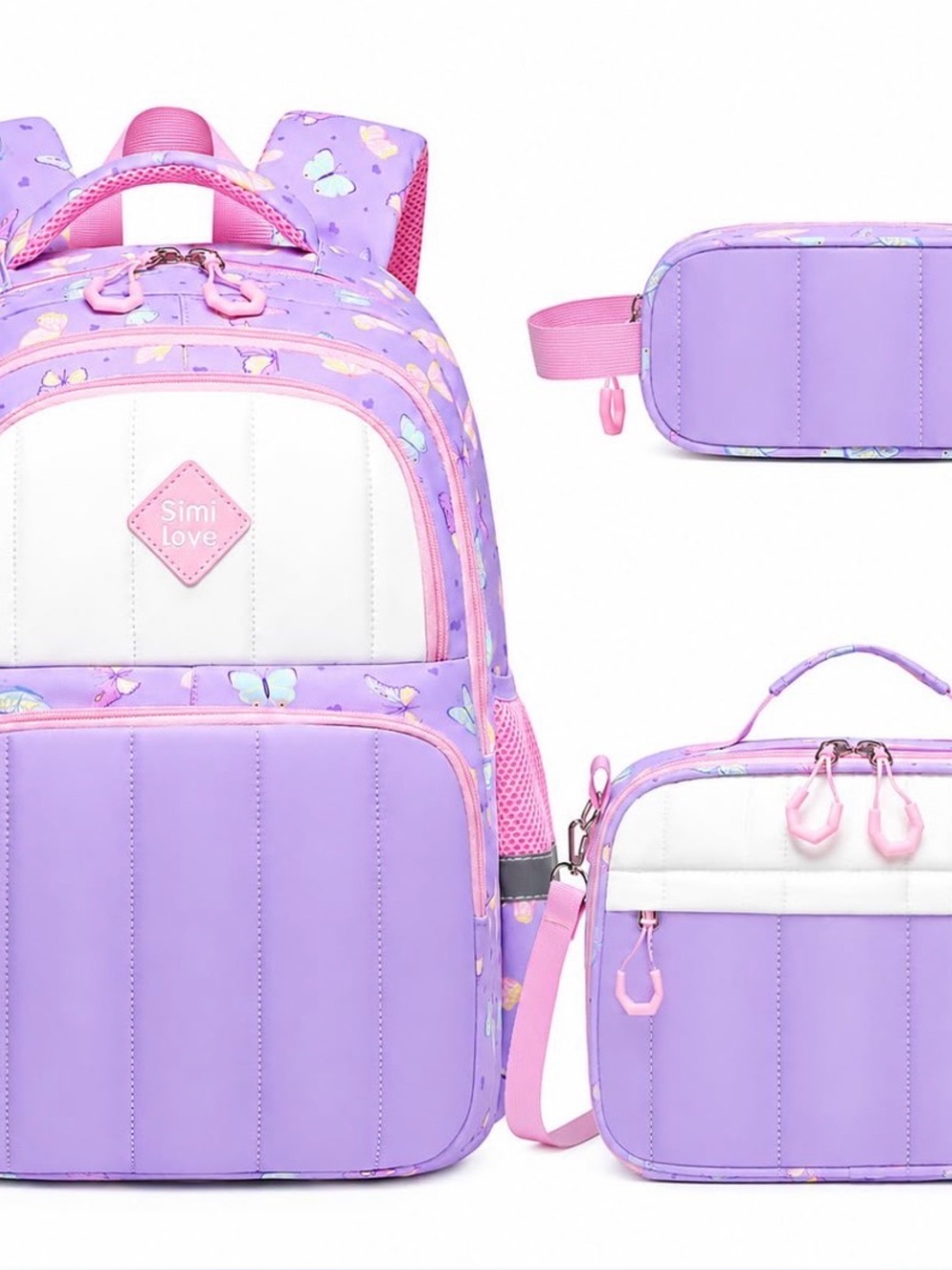 Kids Simi Love Lavender Pink Butterfly Backpack Set with Lunch Bag Pencil Case